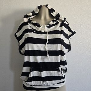 Black and White Striped Hoodie Top